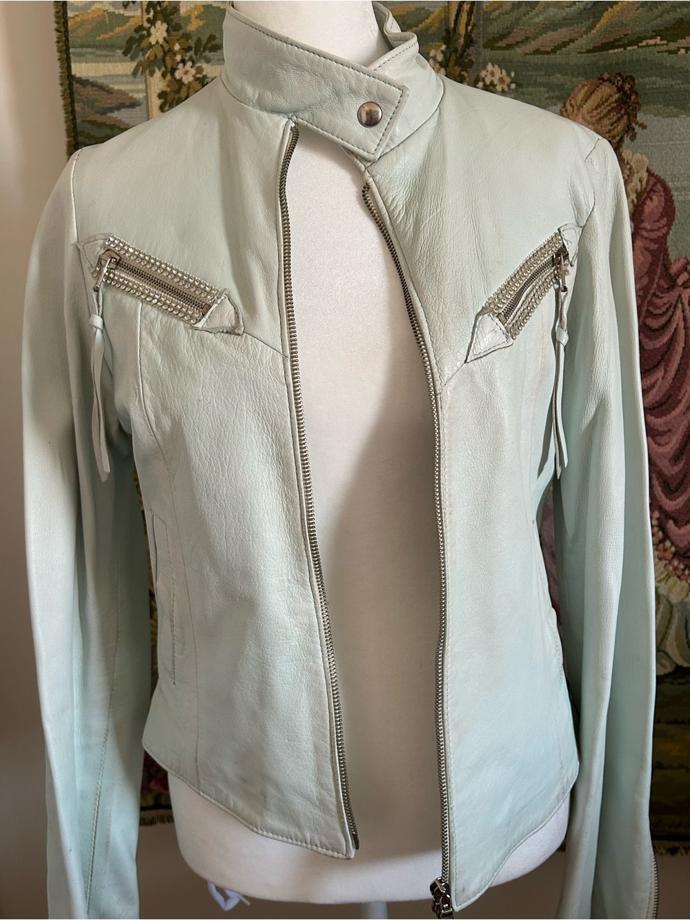 Mint Leather Moto Jacket with Silver Zipper Accents